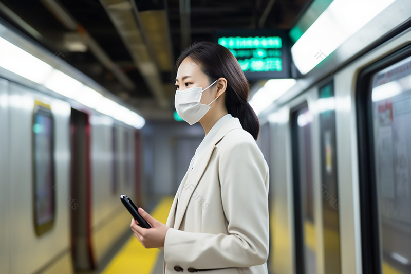 戴口罩的女性穿着正装拿手机等地铁,高清,摄影图,摄影图片,图片大全,摄影图免费下载